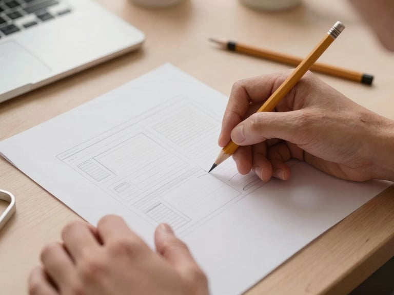 Hands sketching a web layout on paper with a pencil, surrounded by design tools, soft natural daylight, muted terracotta and sand tones, shallow depth of field.