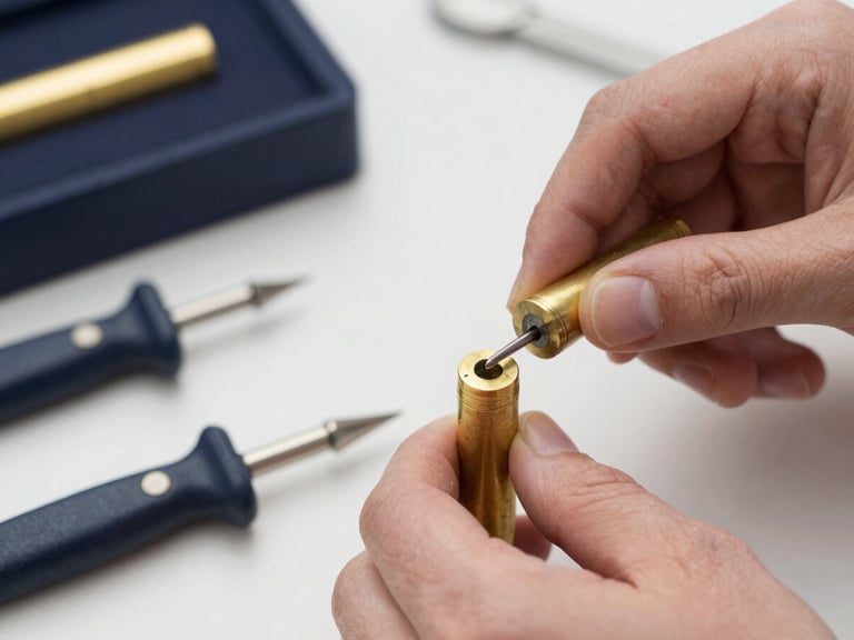 Close-up of hands working on high-security brass cylinders, professional tools neatly arranged, sharp focus, 35mm lens