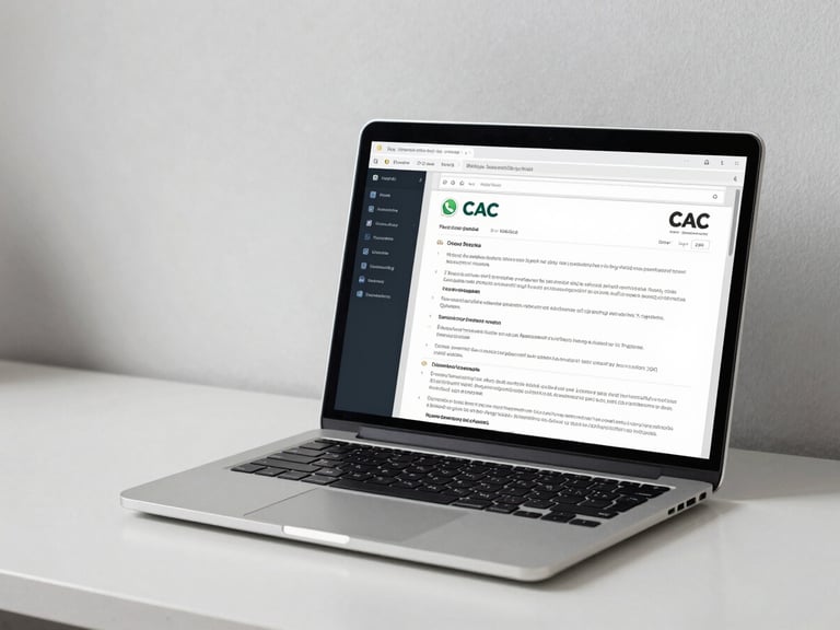 A clean minimalist West African workspace with a laptop displaying a custom WhatsApp chat flow and official CAC registration documents, cool-toned daylight