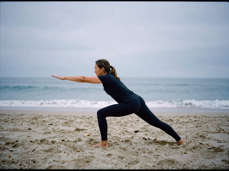 Portrait of a female physical education teacher, mid-30s, demonstrating a stretching exercise on the sand, Playa Cardiel in background, overcast coastal daylight, technical movement analysis, 35mm film grain.