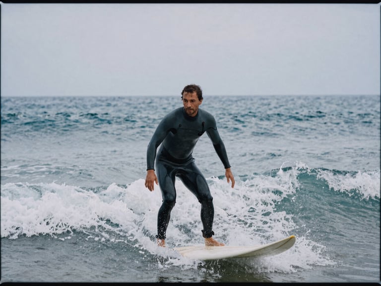 Portrait of a male surf instructor, mid-30s, with a weathered face, wearing a thick wetsuit, standing on Playa Cardiel beach, overcast coastal daylight, dynamic action shot, 35mm film grain.