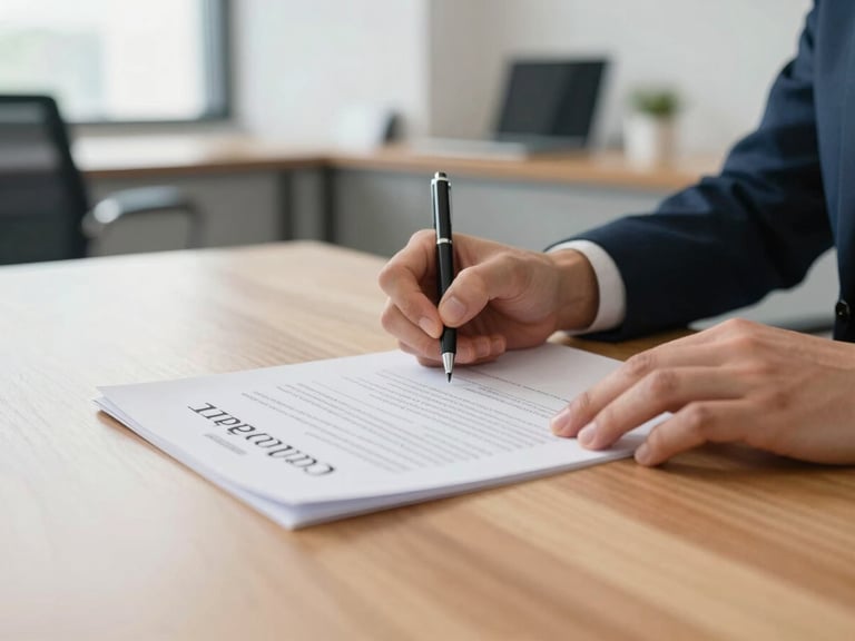 Close up of hands signing a corporate logistics contract on a clean wooden desk, modern office background, soft daylight