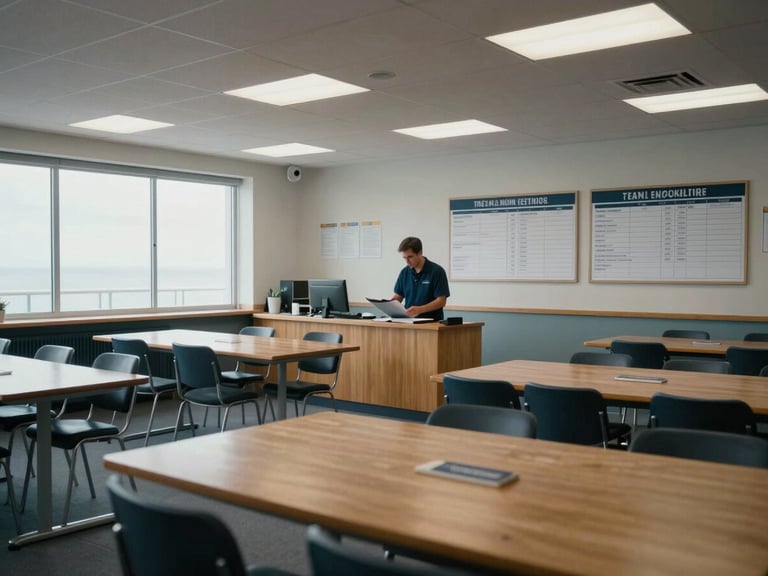 Wide environmental interior of a seafarer center common room — wooden tables, notice boards with printed schedules, a staff member at a desk reviewing a binder under diffuse window light from the left, overcast daylight, no posed subjects