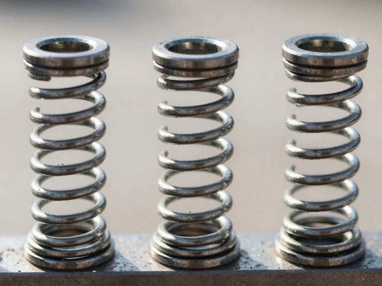 Close-up macro shot of clean, heavy-duty steel torsion springs mounted on a solid shaft. Symmetrical, bright daylight, high clarity.