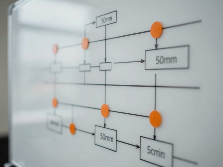Close-up of a technical architect analyzing a complex system architecture diagram on a whiteboard, lines connecting different components, cool natural daylight, desaturated slate tones with sharp orange accents, shallow depth of field, 50mm