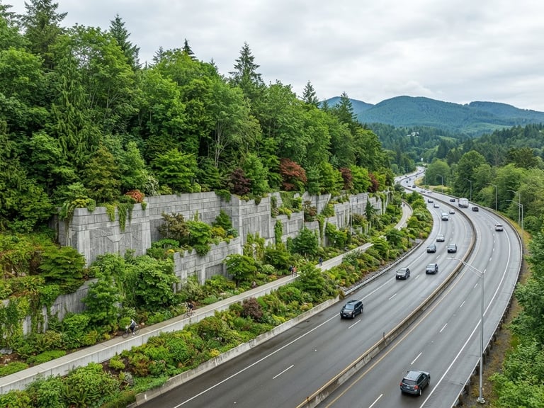 Wide environmental shot of a completed concrete highway retaining wall integrated with a lush engineered green belt, overcast daylight, rich forest greens and slate grays, wide-angle lens