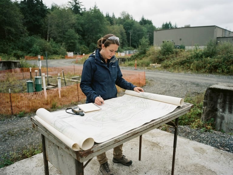 documentary environmental engineering photography, professional consultant examining topographical plans on a clean industrial site, natural overcast daylight, muted forest greens and slate tones, sharp focus, 35mm