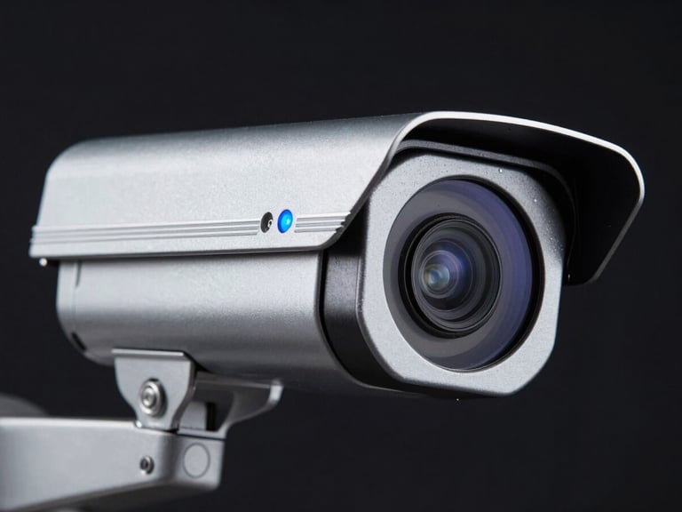 Sharp close-up of a high-tech security camera with a subtle blue LED indicator, metallic silver casing, dark background, 50mm lens, high contrast.