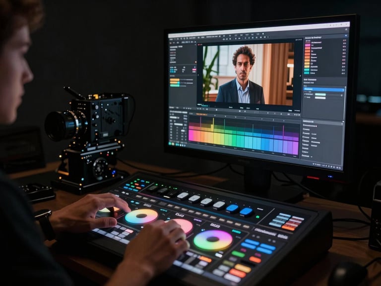 Wide cinematic frame, a color-grading suite in deep shadow — a cinema-grade monitor dominates the right two-thirds of the frame displaying a richly graded corporate film frame, the operator's hands resting on a DaVinci Resolve panel with color wheels softly lit, high-contrast studio ambient lighting, dark naturalistic ambience, no artificial fill, 16:9 widescreen ratio