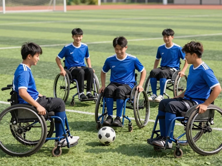 Group of smiling teenagers with and without physical disabilities playing unified soccer on a modern green turf field, bright daylight, energetic blue tones, 35mm lens
