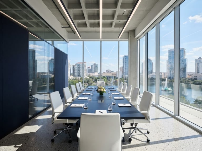 Wide-angle architectural photograph of a modern glass-walled corporate boardroom in Orlando, bright high-key natural daylight, sharp shadows, clean reflections, minimalist navy and white tones.