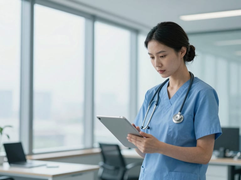 Healthcare executive reviewing patient data on a tablet in a modern office, structured data, cool blue tones, professional editorial style, 50mm lens, shallow depth of field