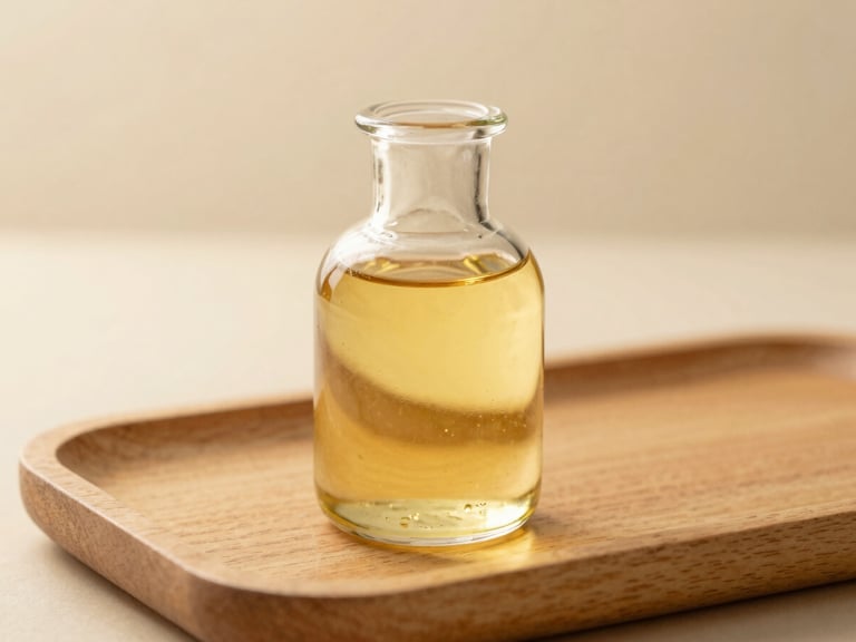 Golden massage oil in a clear glass vessel on a light wooden tray, warm golden-hour light reflecting through the liquid, soft focus.