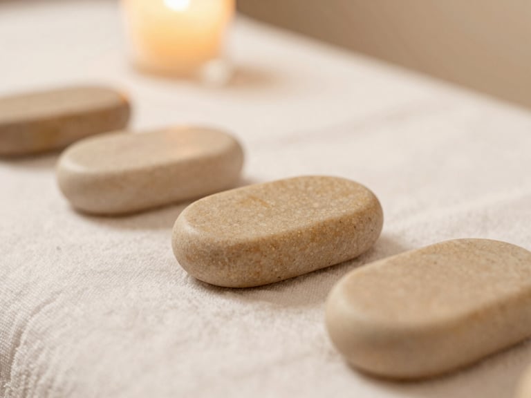Macro detail shot of smooth, warm basalt massage stones resting on a pristine white linen towel, soft ambient candlelight, warm cream tones.