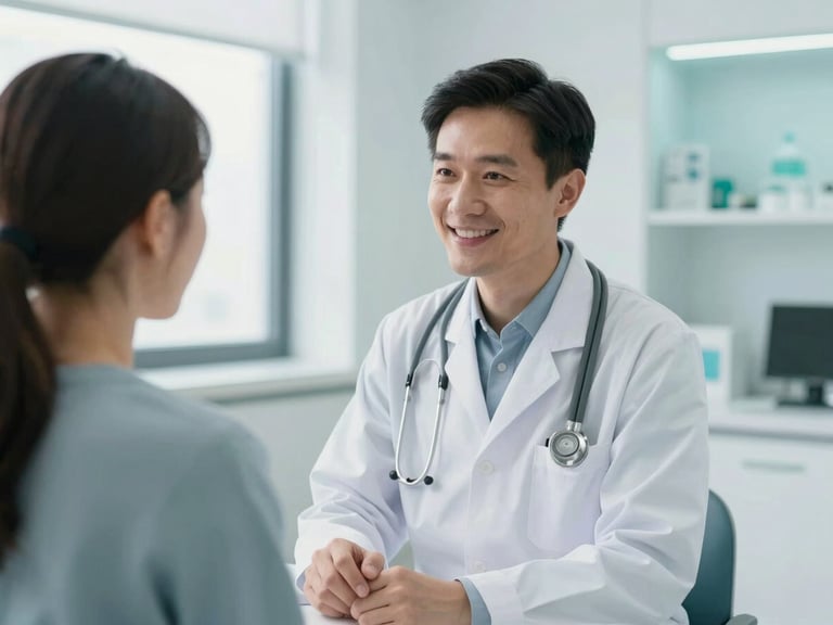 A clinical specialist interacting warmly with a patient during a cognitive assessment, modern clean clinic, bright daylight with subtle cyan undertones, shallow depth of field