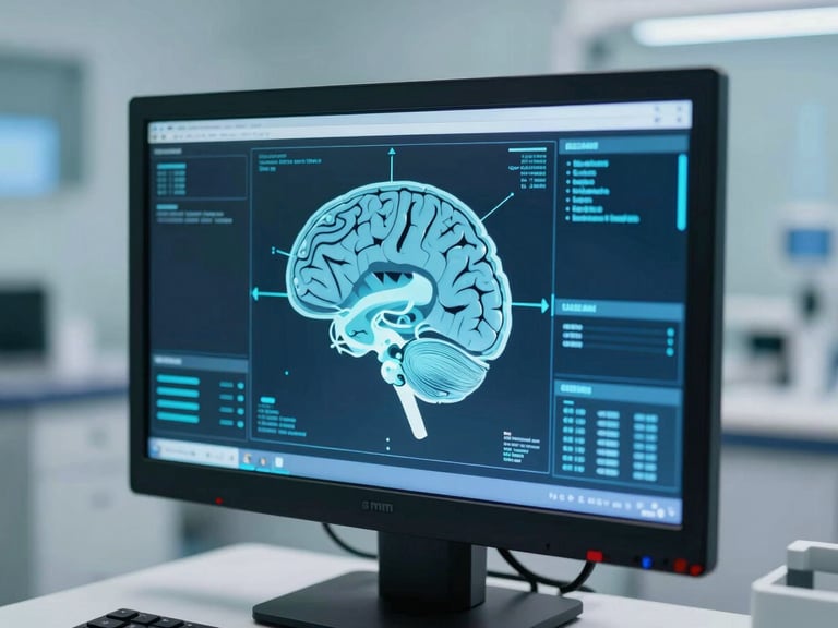 Close-up of a high-tech digital brain mapping interface on a modern monitor, cool blue and cyan ambient lighting, clean medical environment, shallow depth of field, 35mm