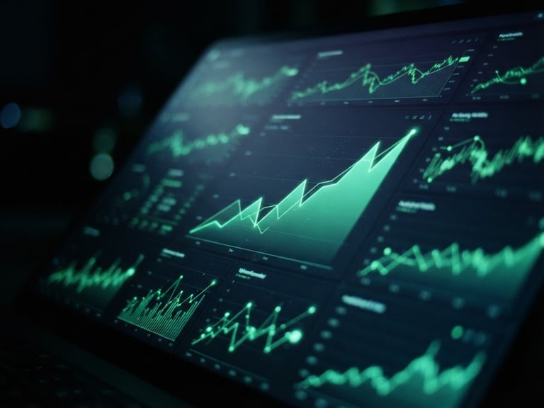 Macro shot of a dark analytical dashboard with glowing neon green growth charts and metrics, sharp focus, cool ambient screen reflections, 35mm