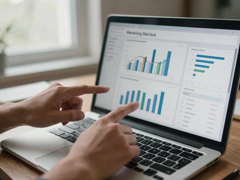 Medium close-up, hands pointing at a laptop screen showing a digital marketing analytics dashboard with graphs and KPI metrics, overcast natural window light from the left, desk surface with notebook and pen, documentary feel, no staged smiles