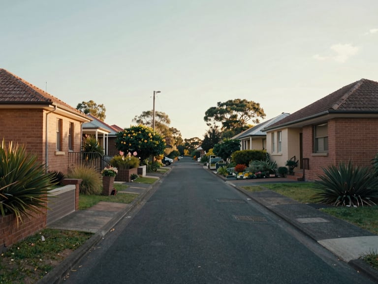 Wide-angle daylight view along a quiet residential street in Western Sydney, brick homes with established gardens visible on both sides, soft morning light, no people, clean and settled atmosphere