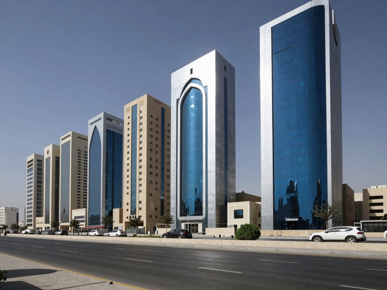 Wide-angle architectural view of King Fahd Road business district in Riyadh, clean high-contrast daylight, cool silver and deep navy tones.