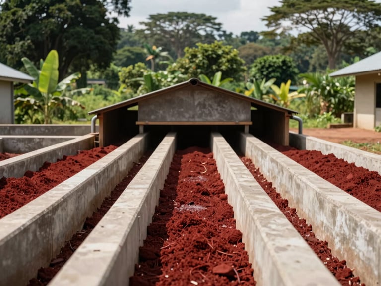 Wide shot of a modern piggery waste collection system, clean concrete channels leading to a covered biodigester, lush Ugandan foliage in background.