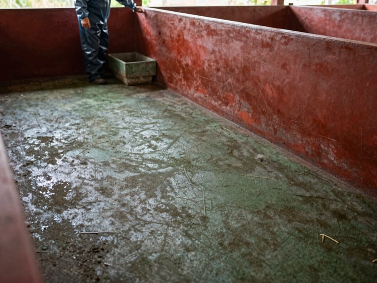 Clean concrete floor of a piggery pen, with a farmer wearing protective gear inspecting a biosecurity footbath, warm equatorial daylight.