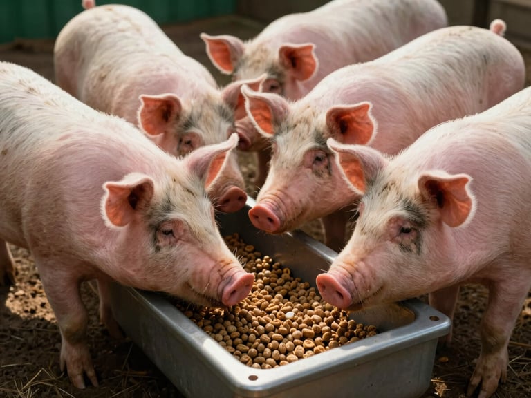 Close-up of a modern automated pig feeder dispensing pellets into a clean trough, healthy pigs eating, warm equatorial daylight.