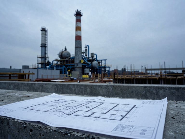 Blueprints spread across a concrete block at an active industrial construction site, cool overcast daylight