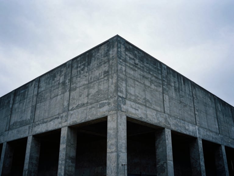 Low-angle heroic framing of a massive concrete foundation poured for an industrial warehouse, cool overcast daylight, 35mm film