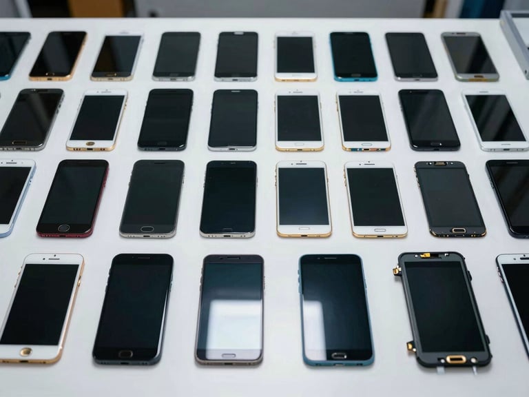 Overhead wide shot of genuine smartphone replacement parts — screens, batteries, and IC chips — arranged in neat rows on a clean white workbench under bright diffused studio lighting, each component clearly visible