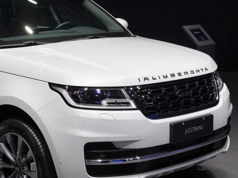 Tight three-quarter front detail of a white luxury SUV on a showroom floor, dramatic overhead strobe lighting creating sharp reflections along the hood and grille, near-black background, no people visible