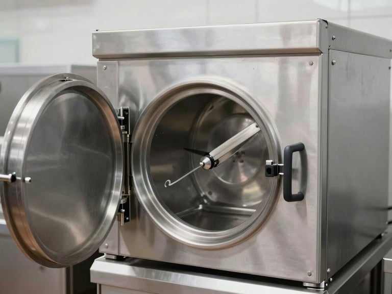 Sharp industrial photography of a clean stainless steel commercial kitchen autoclave, bright neutral daylight, crisp focus, metallic steel tones.