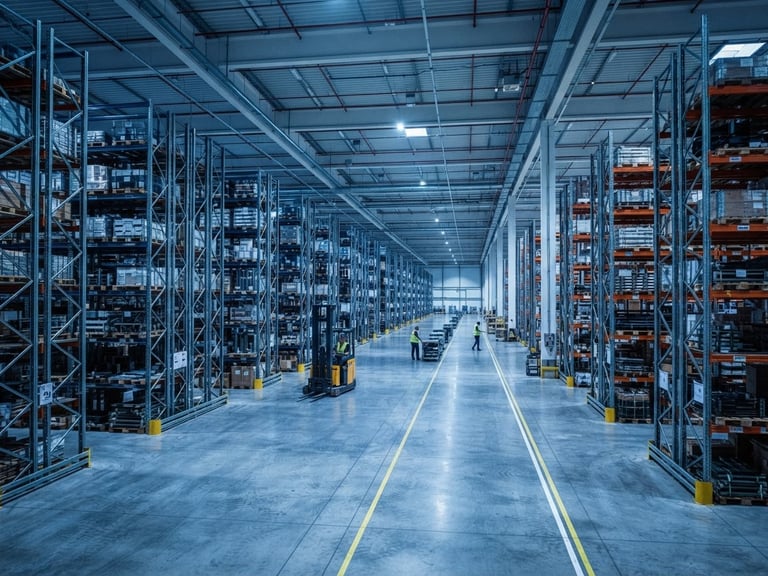 A wide environmental shot of a modern warehouse with clean concrete floors, high steel racks, cool blue-hued lighting, industrial scale.