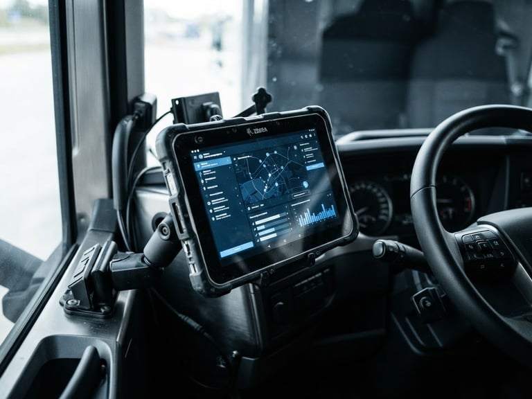 Close-up of a rugged tablet displaying logistics software inside a modern freight truck cabin, industrial steel tones, daylight.