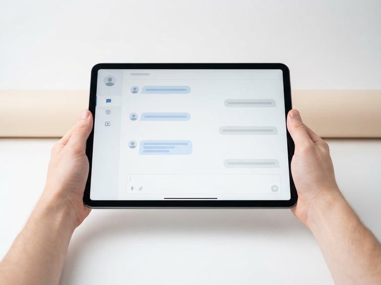 Clean, minimal image of a customer support interface on a tablet, soft studio lighting, seamless white background, 50mm lens.