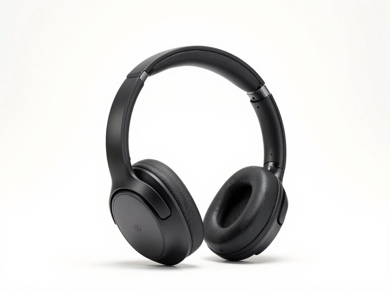 Sleek black wireless noise-cancelling headphones, high-key studio product photography, 3/4 angle on seamless white backdrop.
