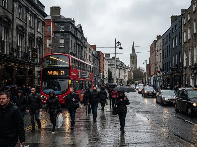Editorial photography of Dublin city center streets with natural overcast Irish daylight, high-contrast red and charcoal tones, documentary style, 35mm lens