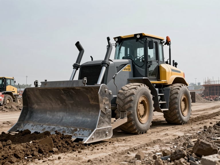 Low-angle shot of a heavy bulldozer grading soil on a massive industrial construction site, harsh daylight, desaturated steel tones
