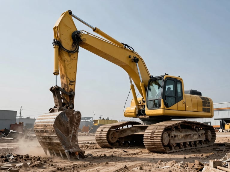 Low-angle dramatic photograph of a heavy yellow excavator working on an industrial site, dusty ground, sharp focus, high-contrast natural daylight.