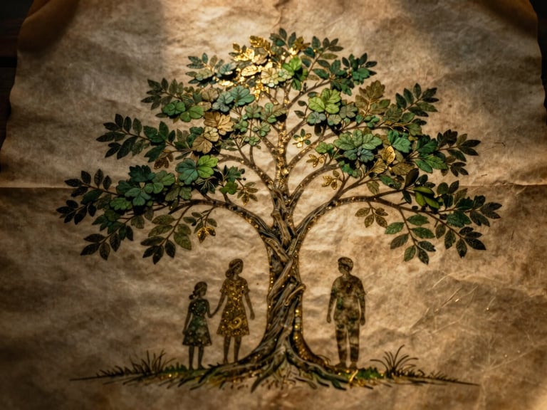 Ancient family tree etching on aged parchment, subtle gold accents, cinematic moody photography, warm chiaroscuro