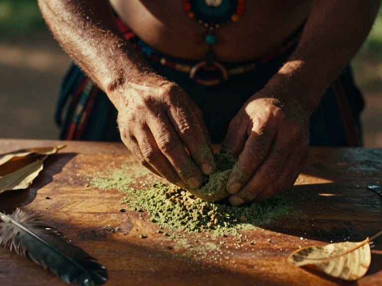 Weathered hands of an indigenous shaman carefully preparing Rapé powder on a polished wooden surface, surrounded by natural elements like feathers and dried leaves, dramatic golden-hour sunbeams, cinematic moody photography, warm chiaroscuro, 35mm film