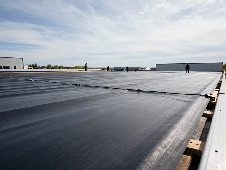 Low-angle wide shot of a large commercial flat roof under active installation, crew members visible across the span, seaming membrane in daylight, overcast New England sky, sharp material detail in foreground