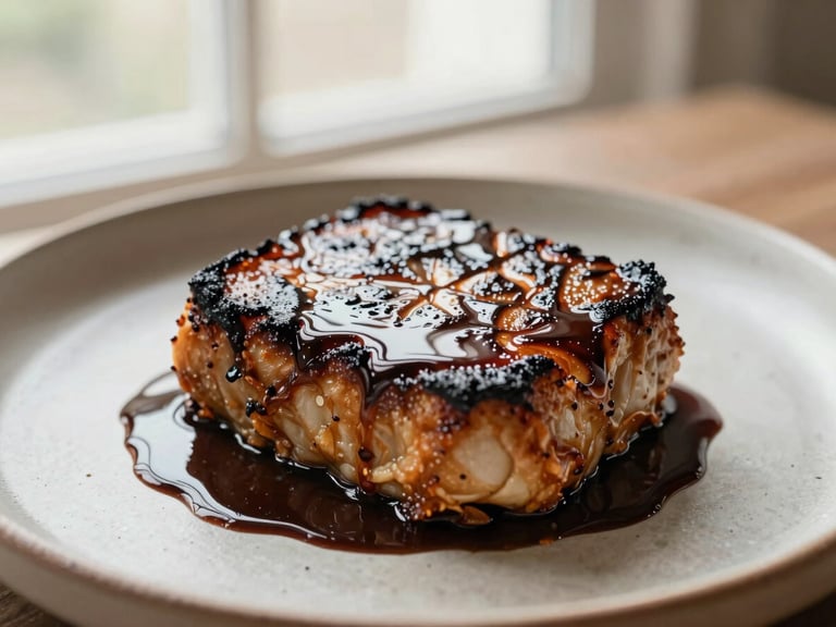 Close-up of a perfectly seared artisanal dish with rich espresso-infused glaze, plated on textured ceramic, soft natural window light.
