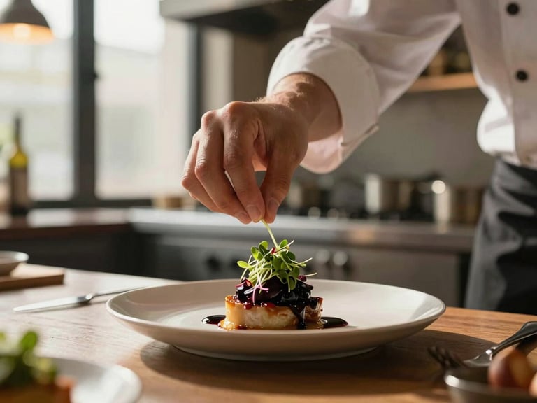 Focused chef in motion artfully placing microgreens on a modern dish in a high-end kitchen, warm directional lighting, shallow depth of field.