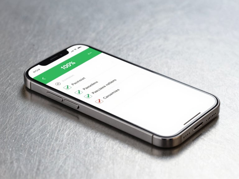 A high-contrast diagnostic report screen showing a 100% green pass checklist beside a pristine smartphone on a cool metallic workbench, bright clinical studio light, sharp focus