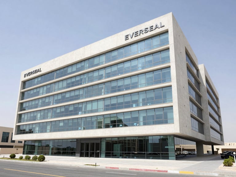 Wide-angle architectural photograph of Everseal's modern engineering office exterior in Dubai, clean concrete facade, bright daylight, professional corporate atmosphere.