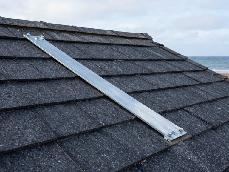 Vue rapprochée d'une toiture en ardoises traditionnelles sous un ciel de tempête côtière, reflets métalliques sur les fixations de zinc, focus précis, style éditorial 35mm.
