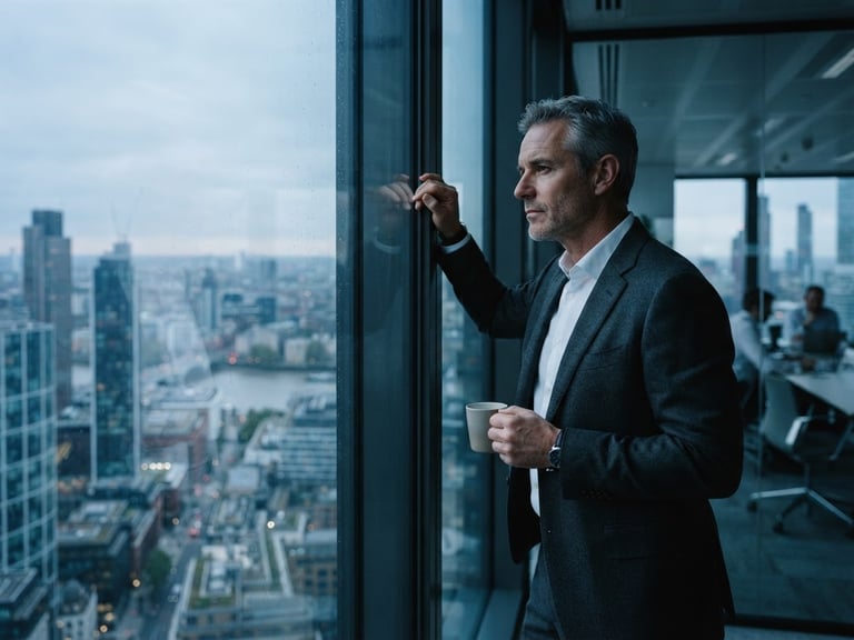 Candid, deep-focus portrait of a thoughtful executive looking out a high-rise window, cool architectural daylight, desaturated blue and slate tones, 35mm