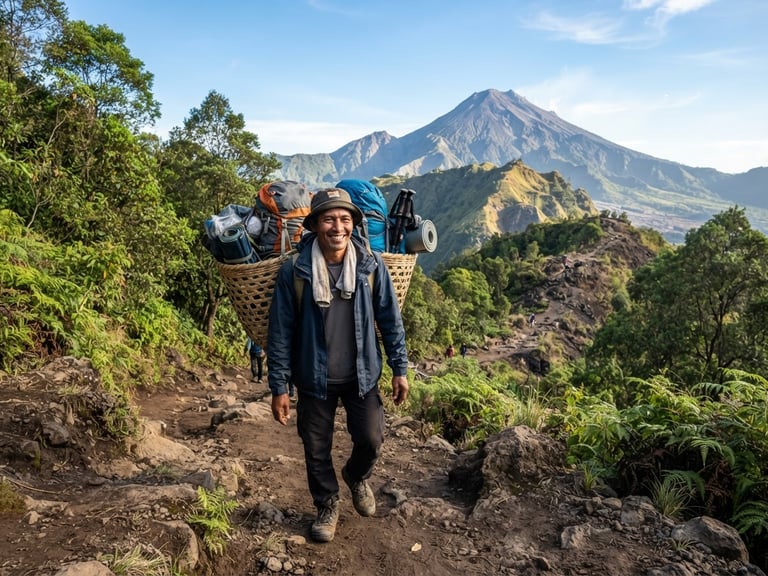 A local Indonesian mountain porter smiling, wearing professional outdoor gear, carrying a neatly packed traditional bamboo basket with modern hiking backpacks, Mount Rinjani volcanic ridge in the background, bright crisp morning light.