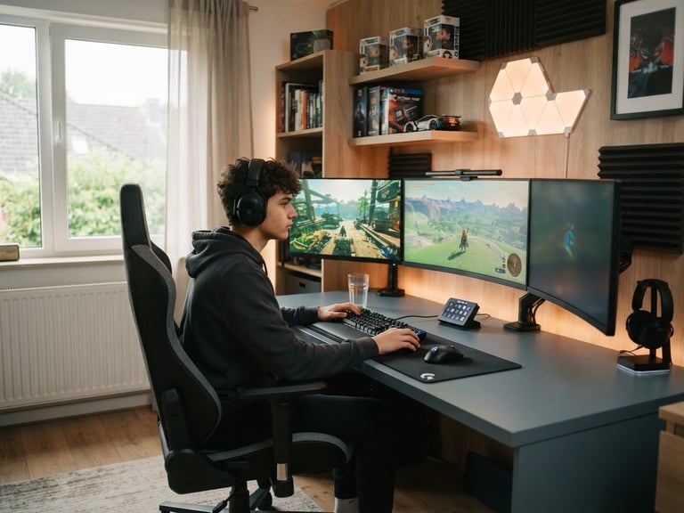A teen sitting at a sleek gaming desk with multiple monitors, headphones on, focused, in a bedroom with warm ambient LED lighting and natural window light. The desk shows zero-clutter cable routing. Clean architectural photography, soft window light, warm wood tones and slate gray, realistic home environment, 35mm.